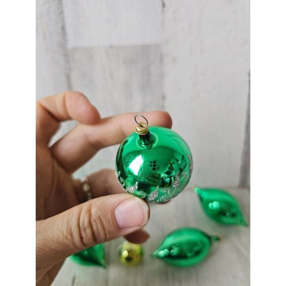 Vintage green ball teardrop Kurt Adler glitter silver set ornament tree Xmas - Picture 5 of 8